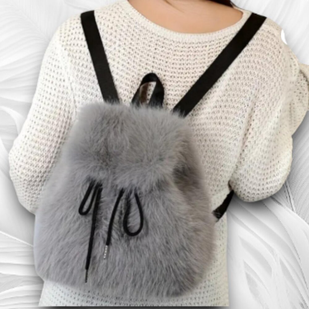 Stylish Elegant Women's Faux Fur Backpack - Adjustable Strap Drawstring Closure